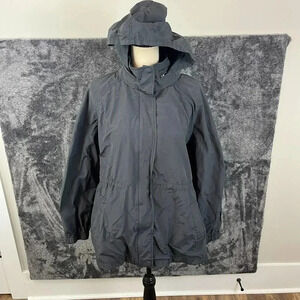 Eileen Fisher Hooded Rain Jacket Black Women's L Nylon Cotton Cinched Coat